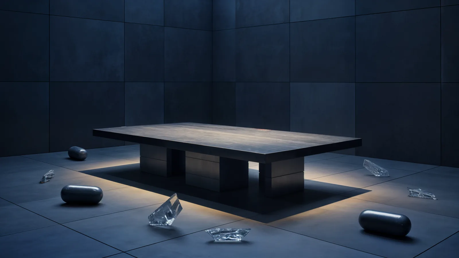 Bàn review tối giản trong không gian triển lãm tối, xung quanh là các khối tín hiệu rời rạc không có chữ