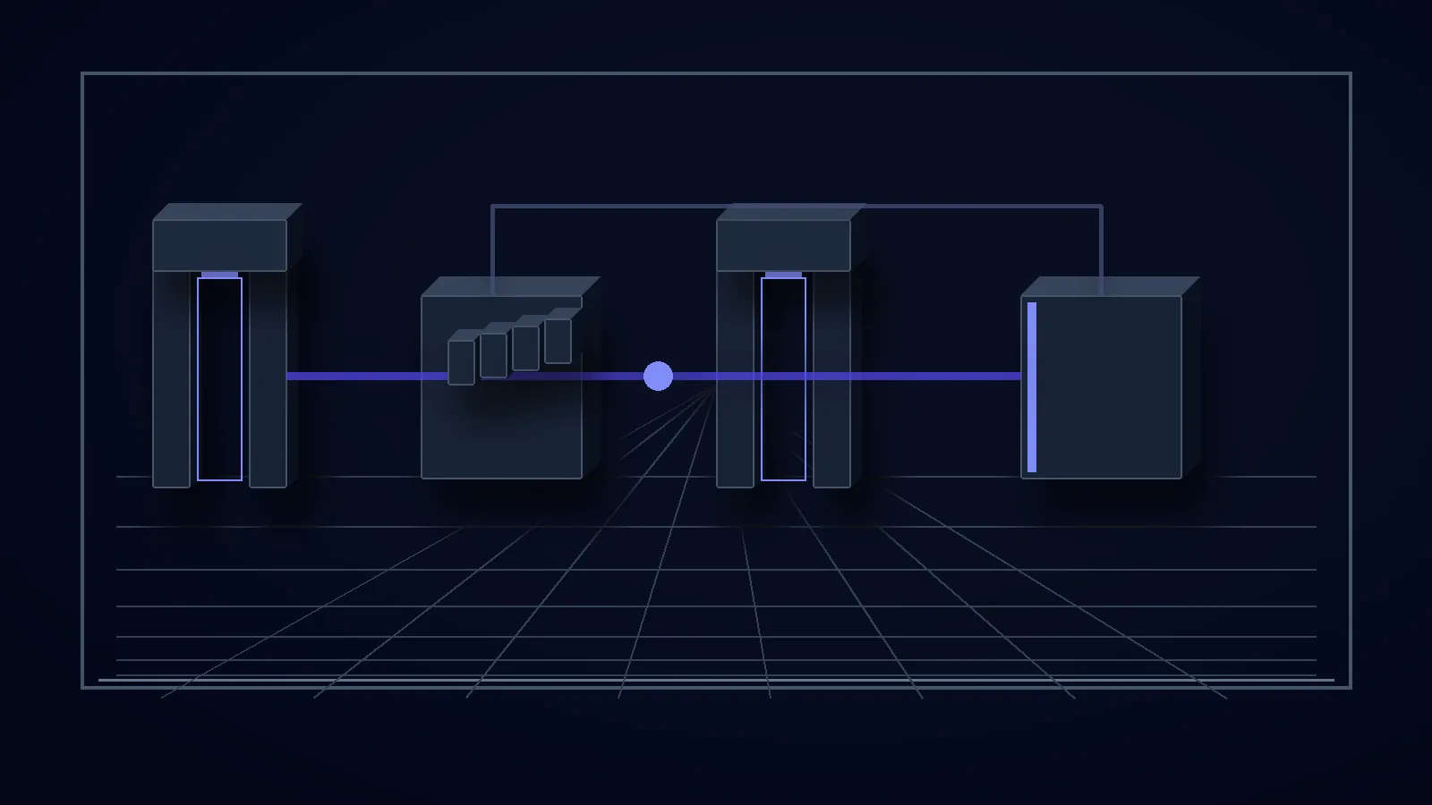 Các khối sự kiện đi qua vùng tiếp nhận, hàng chờ, xử lý và đối soát với khoảng cách rõ ràng trong nền tối