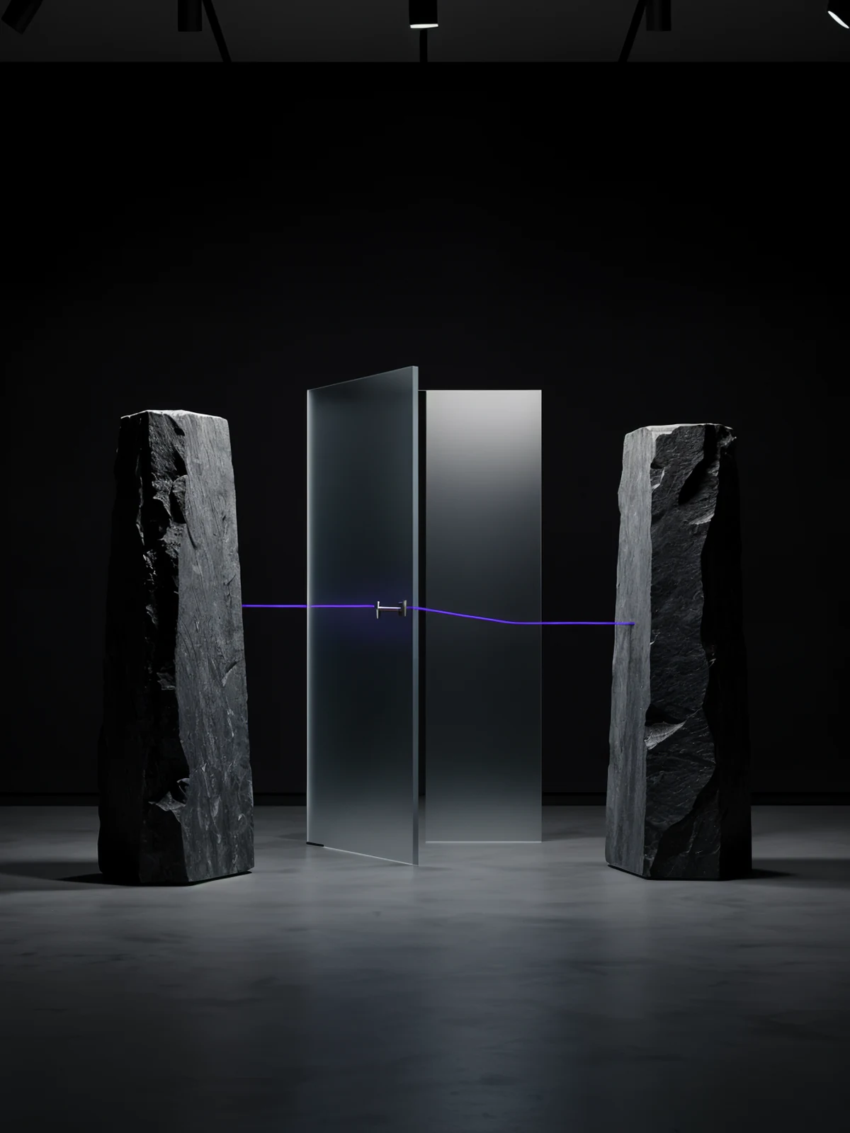 Hai khối basalt và một cổng kính thể hiện lời giới thiệu tin cậy trong không gian triển lãm tối.